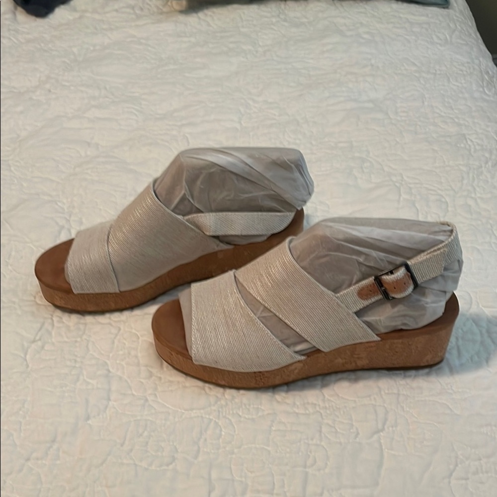 Toms Cream and Brown Wedge Shoes with Side Buckle